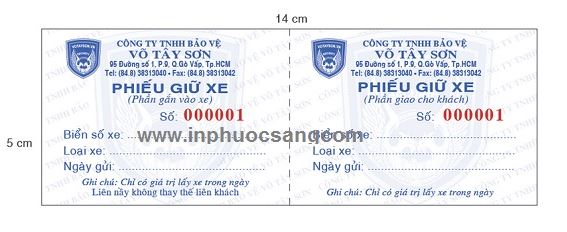 In phiếu giữ xe - In ấn Phước Sang - Công Ty TNHH Dịch Vụ In Phước Sang